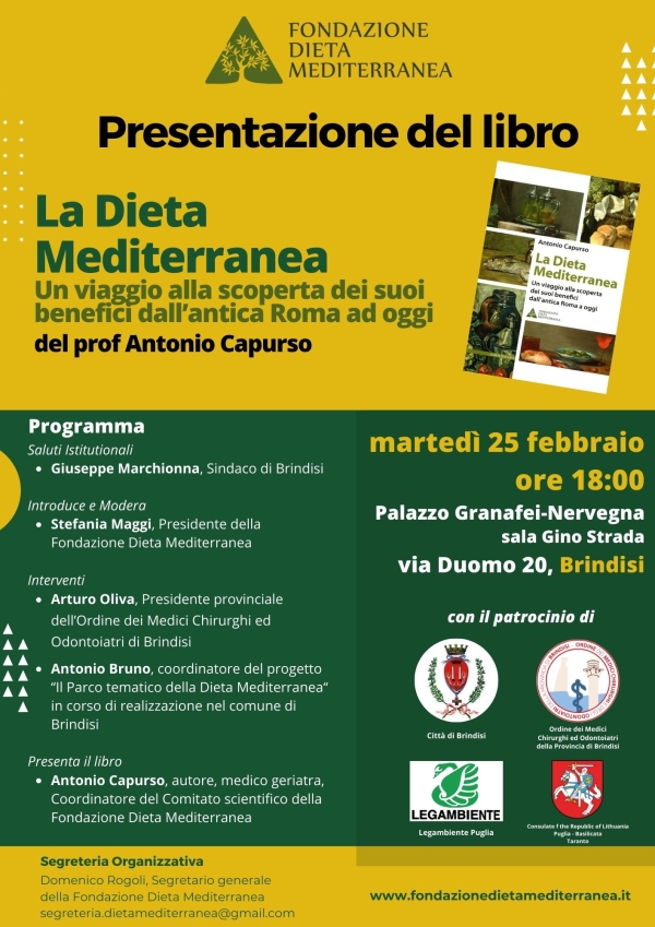 A BRINDISI LA PRIMA DEL LIBRO “DIETA MEDITERRANEA. UN VIAGGIO ALLA SCOPERTA DEI SUI SUOI BENEFICI DALL’ANTICA ROMA AD OGGI”