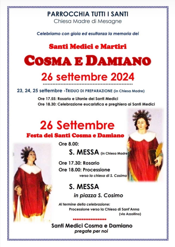 Mesagne celebra oggi la festa dei santi Cosma e Damiano