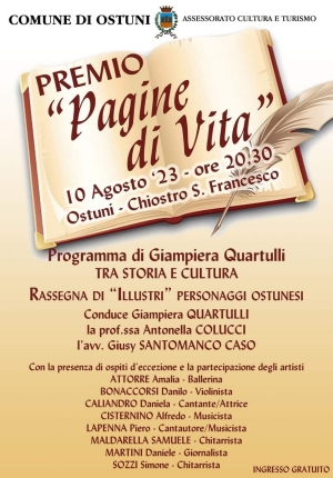 Ostuni : giovedì 10 agosto 2023 la dodicesima edizione del Premio &#039;Pagine di Vita&#039;