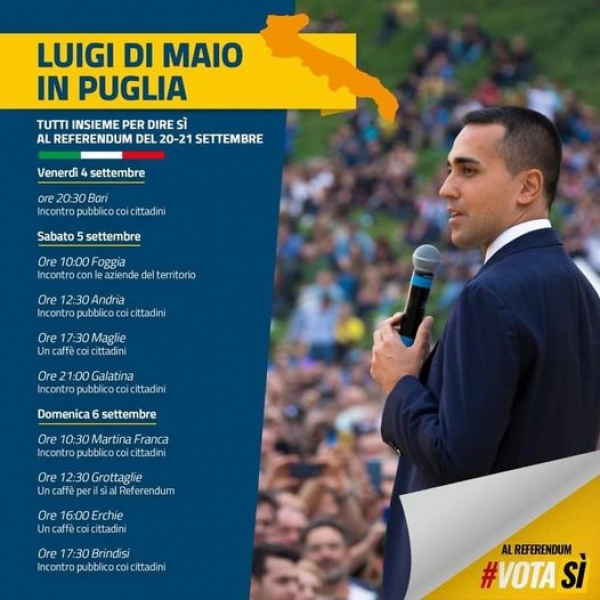 Di Maio domenica è a Brindisi ed Erchie