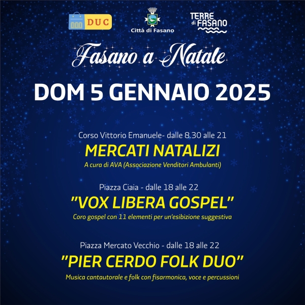 Natale a Fasano: domenica 5 gennaio Vox Libera Gospel e Pier Cerdo Folk Duo