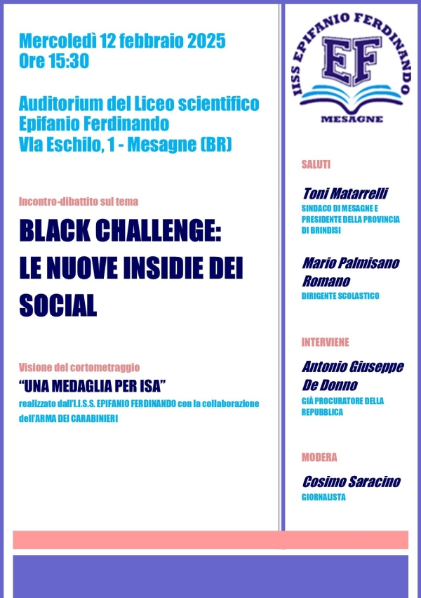 Convegno su “Black Challenge: le nuove insidie dei Social” al Ferdinando di Mesagne