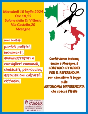 COSTITUIAMO IL COMITATO CITTADINO PER IL REFERENDUM CONTRO LA LEGGE SULLA AUTONOMIA DIFFERENZIATA