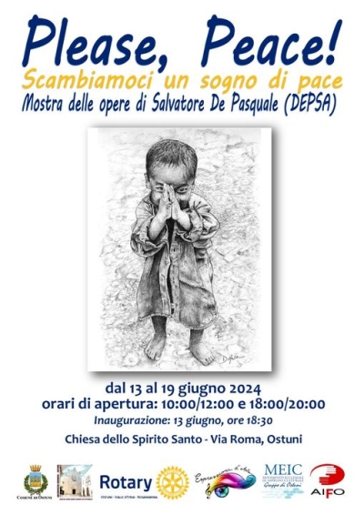Mostra disegni sulla pace dell&#039;artista Salvatore &quot;Depsa&quot; De Pasquale ad Ostuni dal 13 al 19 giugno