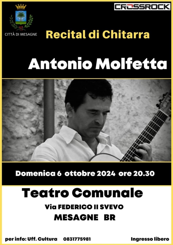 Concerto di chitarra del M° Antonio Molfetta, domenica 6 ottobre al Teatro di Mesagne