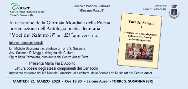 21 marzo. Presentazione libro del Cenacolo Poetico Culturale “G. Pascoli”