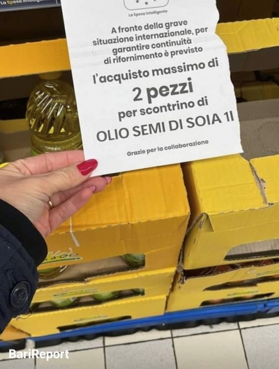 BOLLETTE: COLDIRETTI PUGLIA, SPINGONO PREZZI DA +12% PASTA A +20% OLI