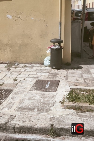 Mesagne, in via Roma cestini pieni e spazzatura per terra