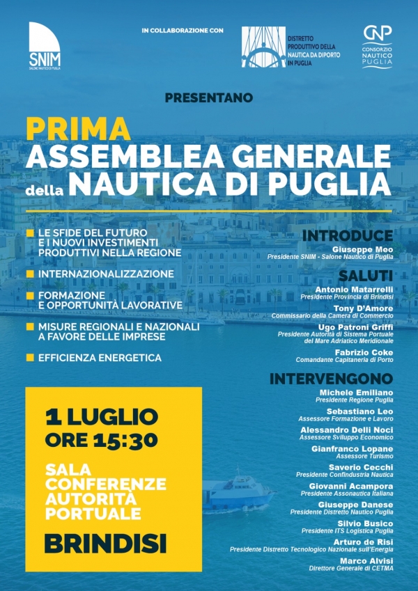 A BRINDISI LA 1^ ASSEMBLEA GENERALE DELLA NAUTICA DI PUGLIA