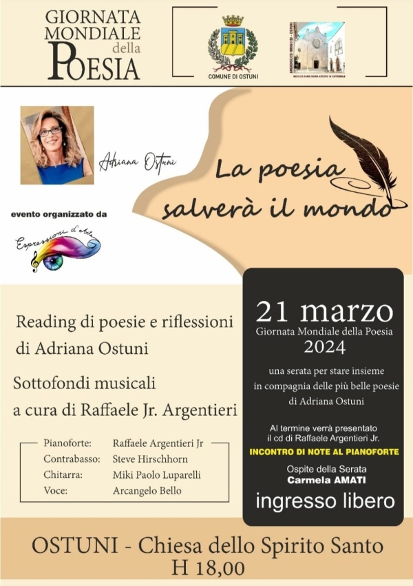 Ostuni, giovedì 21 marzo l&#039;evento &#039;La poesia salverà il mondo&#039; nella Chiesa dello Spirito Santo