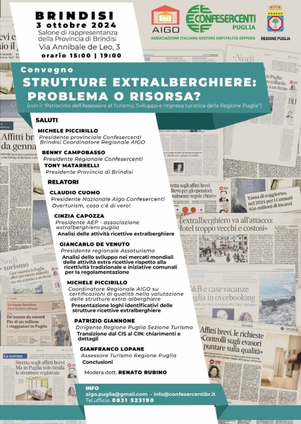 Convegno “Strutture extralberghiere: problema o risorsa?&quot;-Salone della Provincia di Brindisi - 3 ottobre 2024