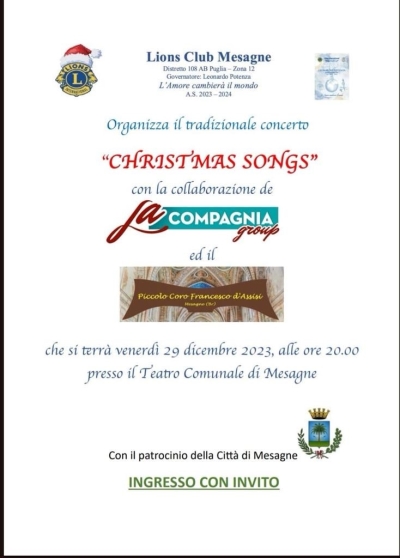 Christmas songs, serata Lions Club Mesagne: venerdì 29 dicembre al Teatro Comunale