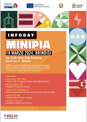 MINIPIA, lunedì 18 marzo infoday in Provincia con l&#039;assessore regionale Delli Noci