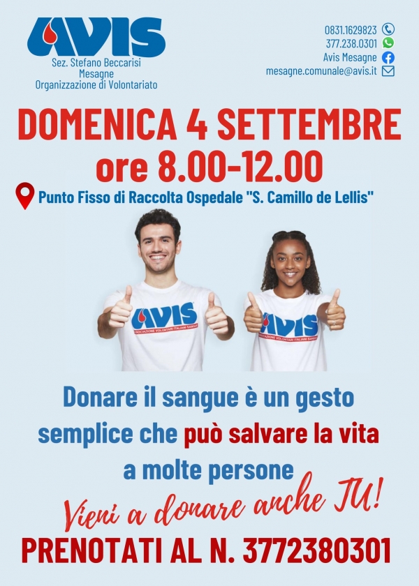 AVIS: DOMENICA 4 SETTEMBRE GIORNATA DELLA DONAZIONE A MESAGNE