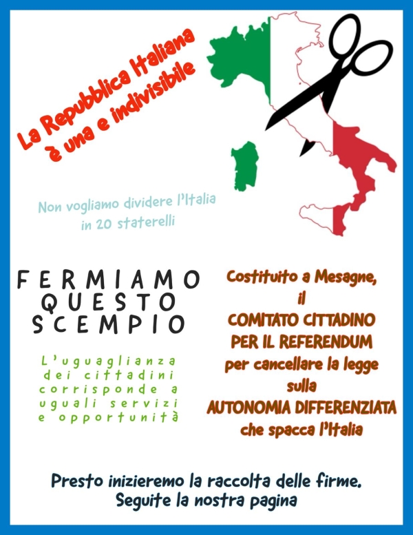 COSTITUITO A MESAGNE IL COMITATO CITTADINO PER IL REFERENDUM CONTRO LA LEGGE SULLA AUTONOMIA DIFFERENZIATA