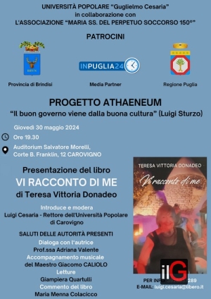 A Carovigno, Giovedì 30 Maggio 2024 alle ore 19.30 sarà presentato il libro di Teresa Vittoria Donadeo, “Vi racconto di me”