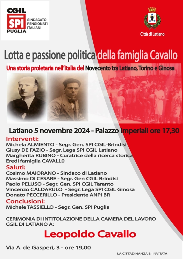 LA FAMIGLIA CAVALLO: UNA STORIA PROLETARIA DELL’ITALIA DEL NOVECENTO: PRESENTAZIONE  A LATIANO IL 5 NOVEMBRE