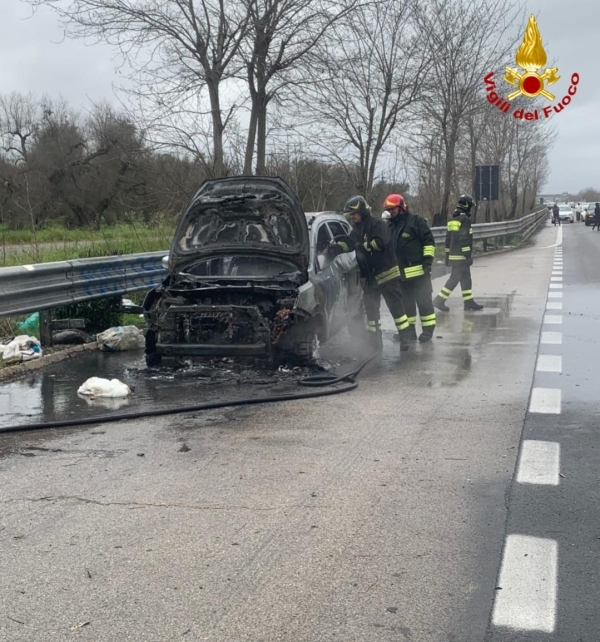 Auto va a fuoco lungo la Statale 7