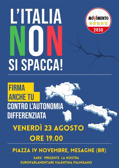 MESAGNE. Il M5S raccoglie firme contro l&#039;Autonomia Differenziata, venerdì 23 agosto - Piazza IV Novembre