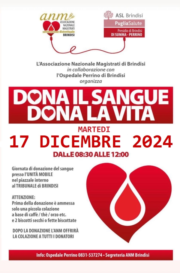 Donazione sangue: raccolta straordinaria in Tribunale promossa dall’Anm e visita al Centro Trasfusionale del Perrino